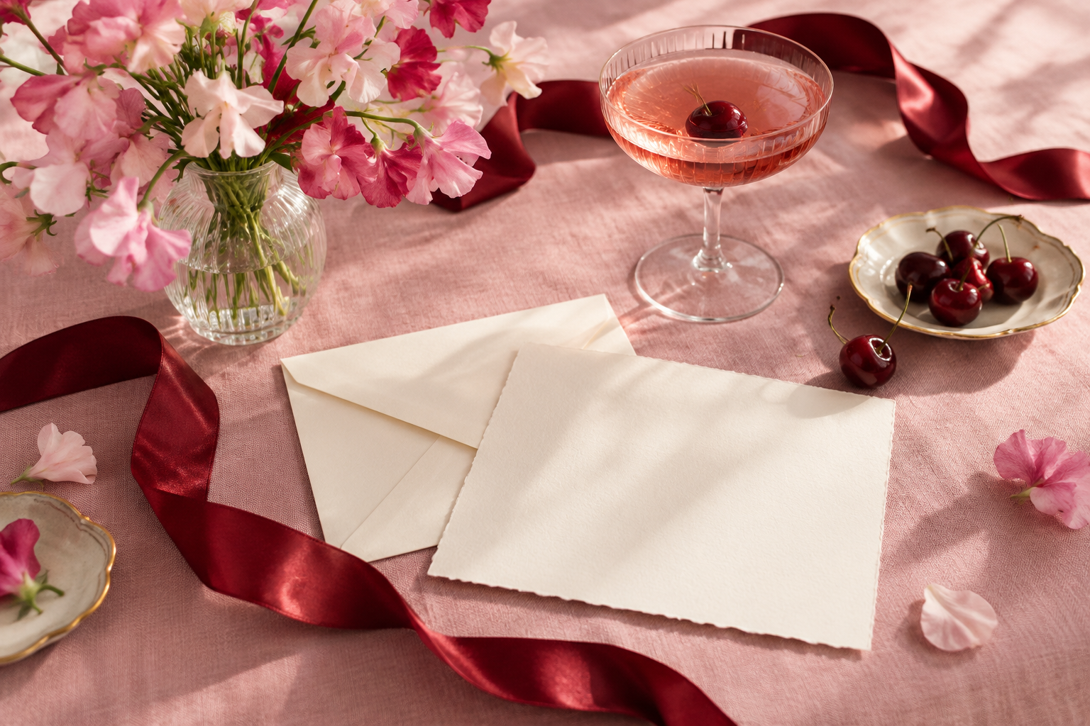 Pink celebration table with cherry-red ribbon, flowers and blank stationery