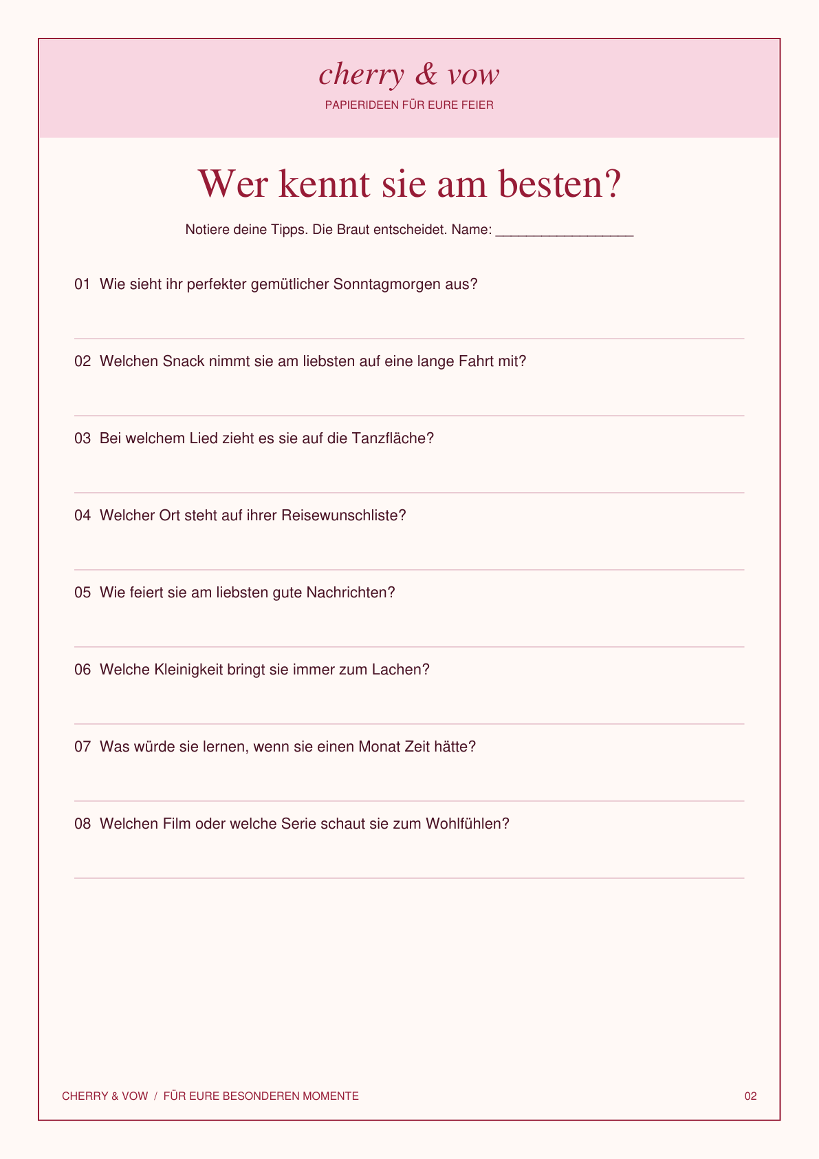 Original-Spielseite aus dem deutschen Brautparty-Paket