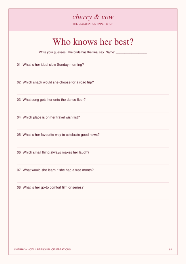 Actual Who Knows Her Best game page from the Bridal Shower Games pack