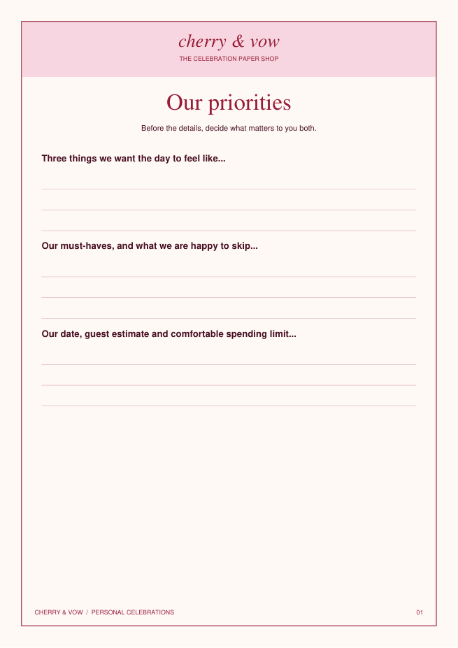 Actual Our Priorities worksheet from the Wedding Little Details pack