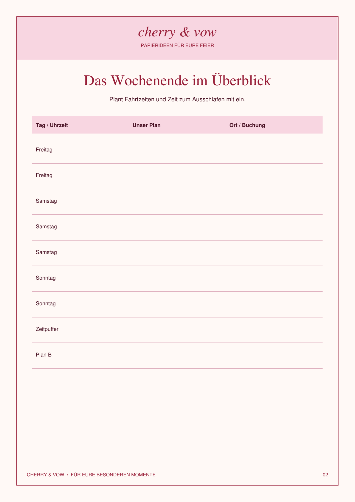 Original-Seite für den Wochenendablauf aus dem deutschen Wochenendplaner