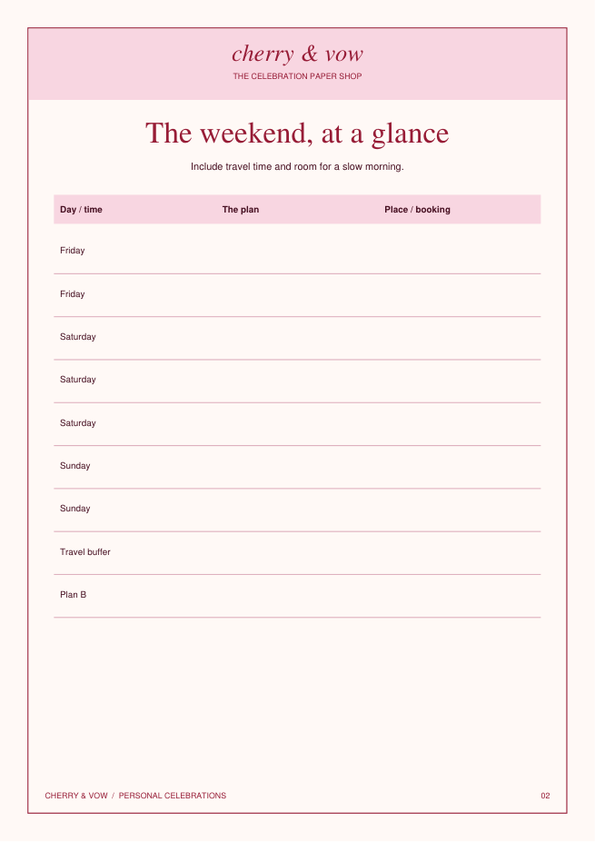 Actual weekend itinerary worksheet from the Bestie Weekend Planner